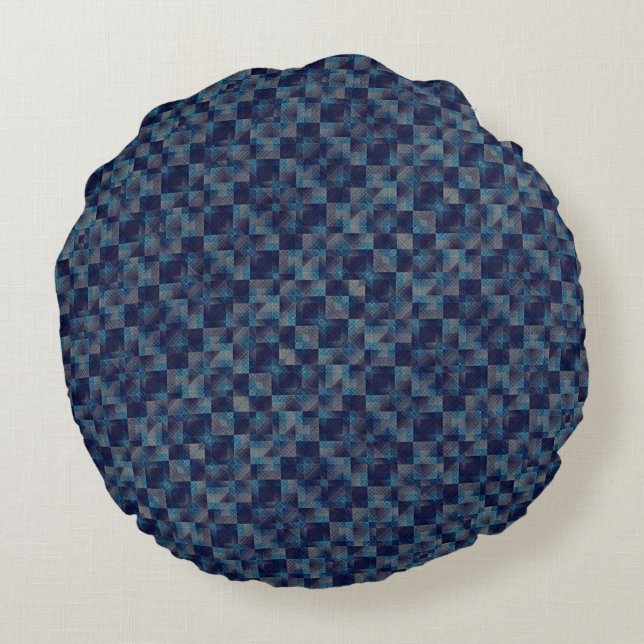 Blauer, karierter Overlay mit Leinwand Rundes Kissen (Rückseite)