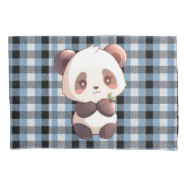 Blauer Karo-Panda Kissenbezug