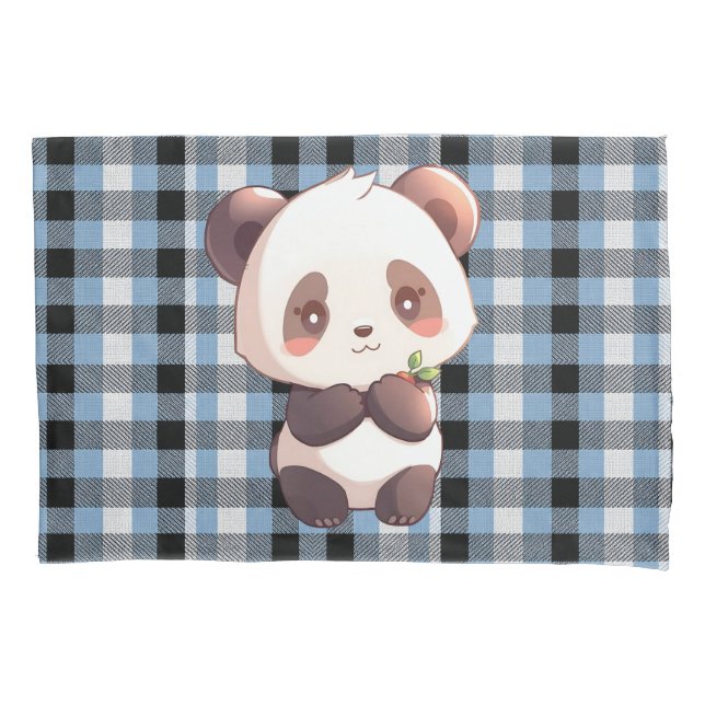 Blauer Karo-Panda Kissenbezug (Vorderseite)