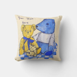 blauer Karopicknickstoff mit drei alten Teddies Kissen