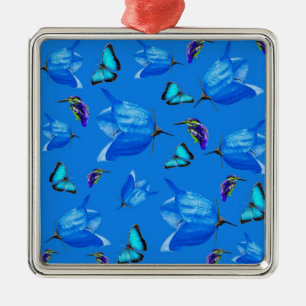 Blauer Kingfisher Schmetterlinge und Glocken-Blume Ornament Aus Metall