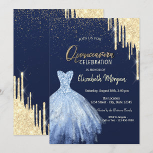 Blauer Kleid Gold Glitter-Tropfen Quinceañera Einladung