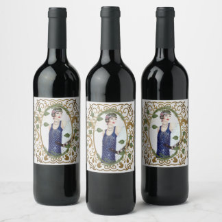 Blauer Kleid Vintag 1920er Flapper Art Deco Frau Weinetikett