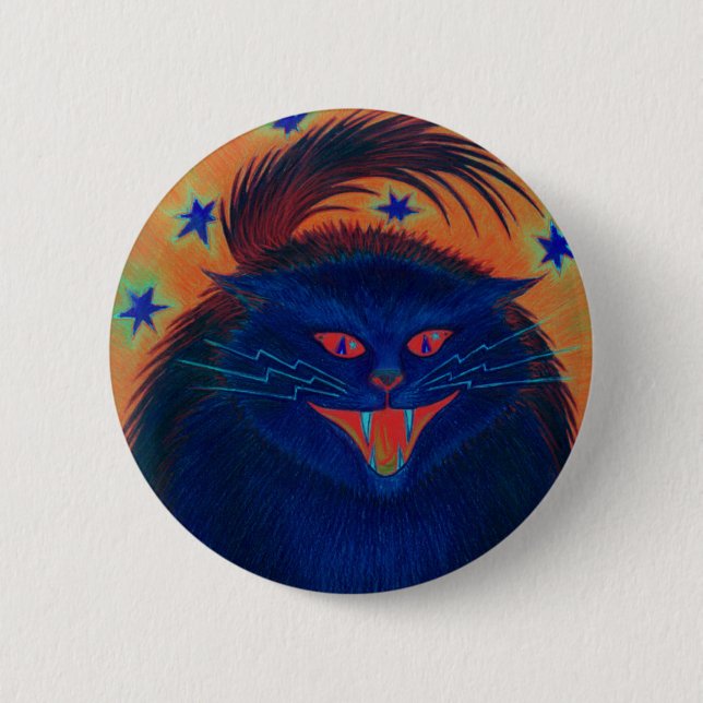 Blauer Knopf der beängstigenden Katze rund Button (Vorderseite)