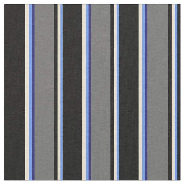 Blauer Kornblume, Beige, Schwarz, Grau, Mitternach Stoff (Nahaufnahme)