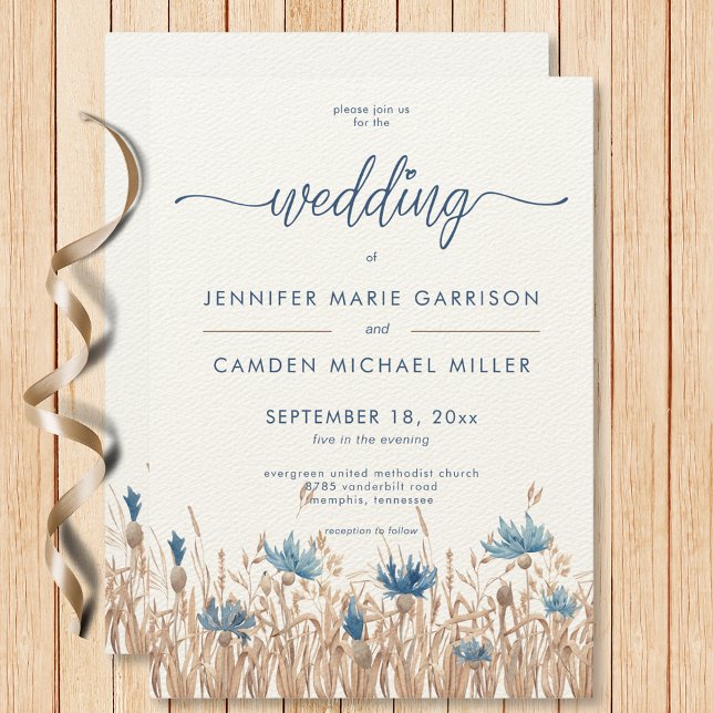 Blauer Kornblumen Weizenfeld Creme Moderne Hochzei Einladung (Blue Cornflowers Wheat Field Cream Modern Wedding Invitation)