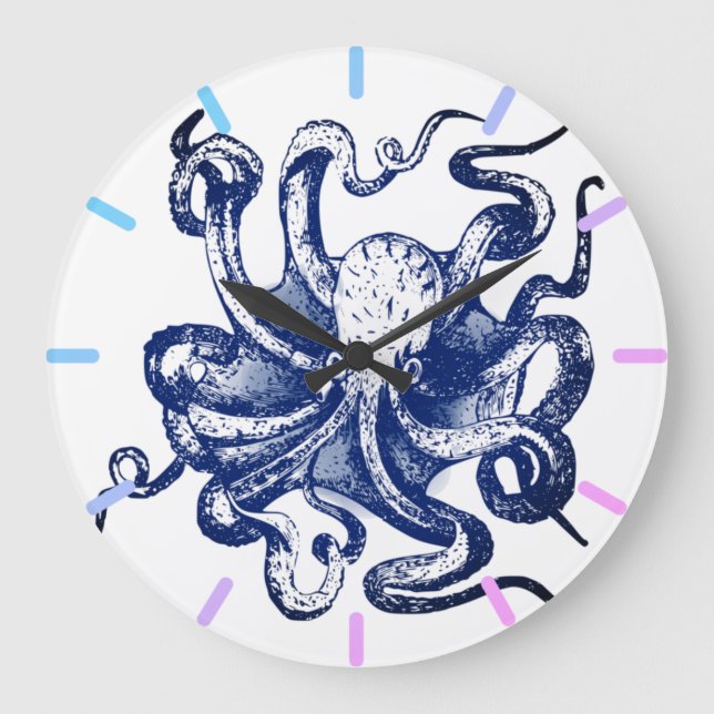 Blauer Kraken Große Wanduhr (Vorderseite)
