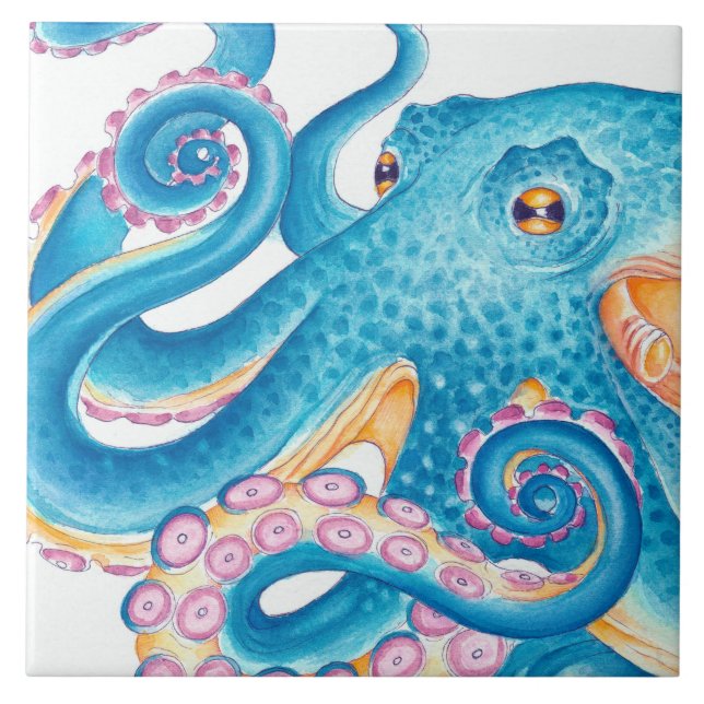 Blauer Kraken Orange Pink Wasserfarbe Fliese (Vorderseite)