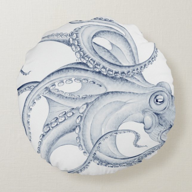 Blauer Kraken Rundes Kissen (Rückseite)