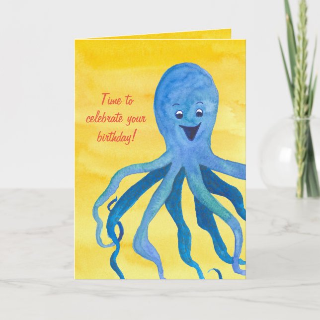 Blauer Kraken zum Geburtstag Karte (Vorderseite)