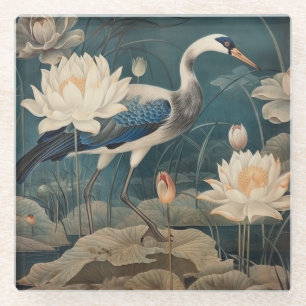 Blauer Kranich & Leuchtende Lotus-Feuchtgebiets Glasuntersetzer