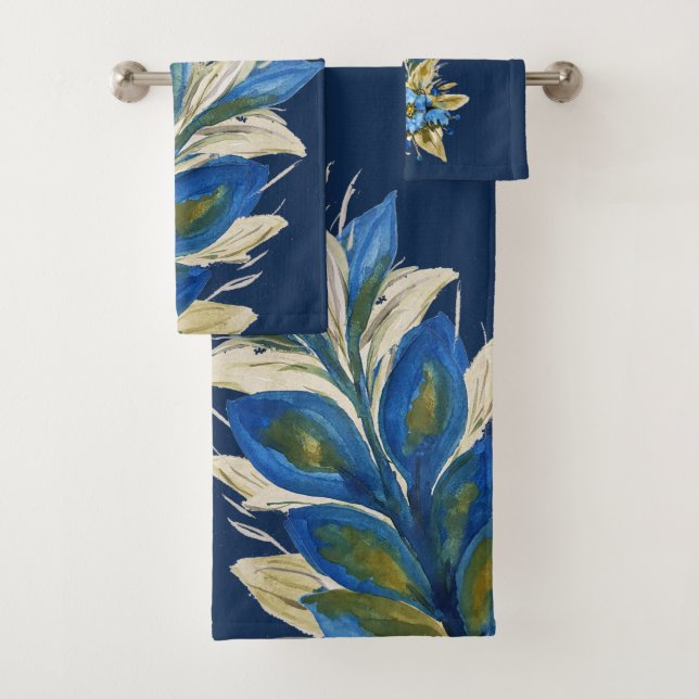 Blauer Kranich Wasserfarbe Handgemalt auf Marine Badhandtuch Set (Insitu)