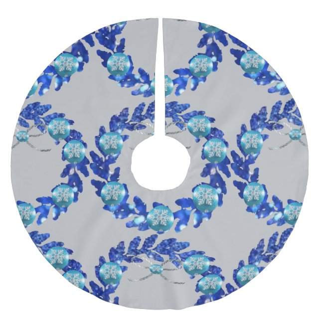 Blauer Kranz- und Bauble-Muster-Baumrock Polyester Weihnachtsbaumdecke (Vorderseite)