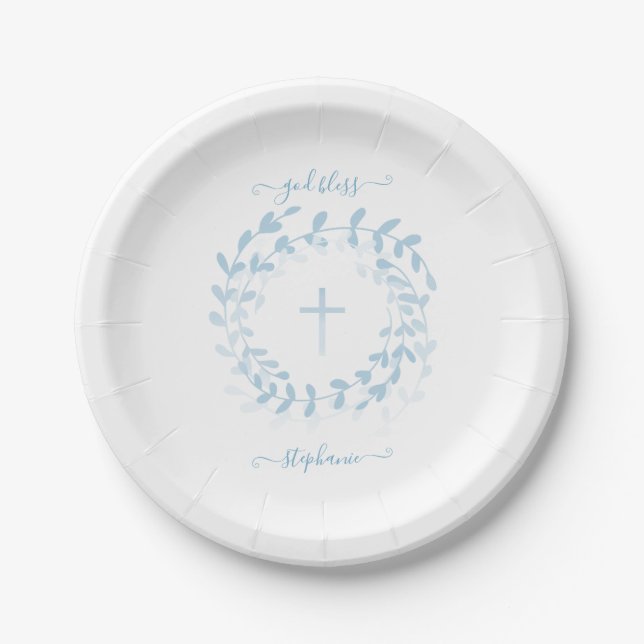 Blauer Kranz und Kreuz Pappteller (Vorderseite)
