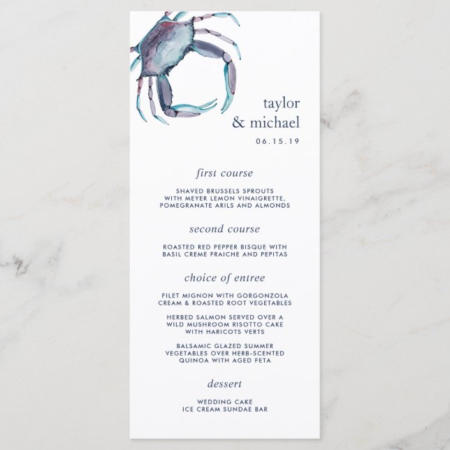 Blauer Krebs | Nautical Wedding Menu Card Menükarte (Vorderseite)