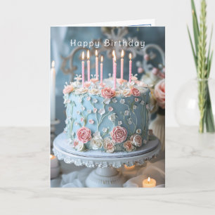 Blauer Kuchen rosa Rosen und Kerzen Alles Gute zum Karte