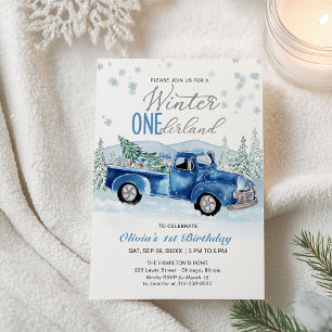 Blauer Lastwagen Winter Onederland Junge Erster Ge Einladung