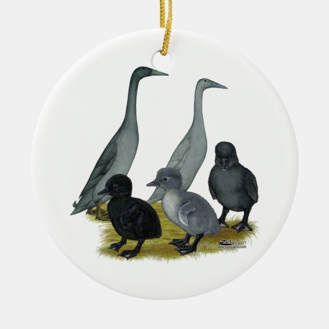 Blauer Läufer-Enten-Familie Keramikornament (Vorne)