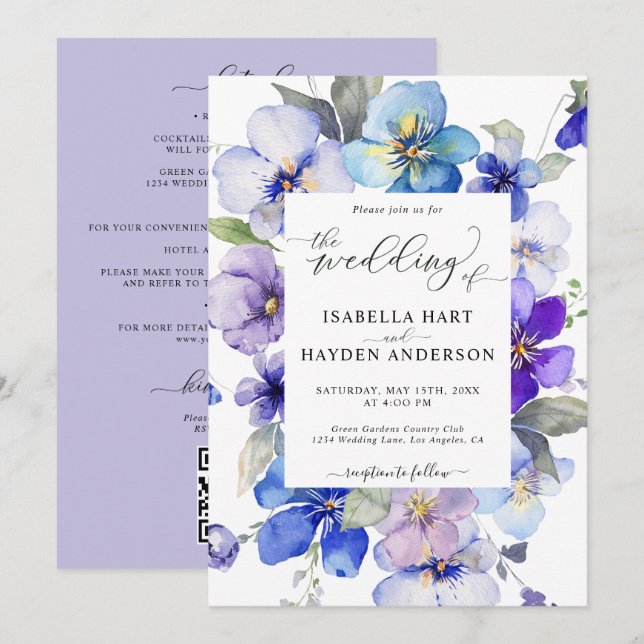 Blauer Lavendel in 1 QR Code Hochzeit Einladung (Vorne/Hinten)