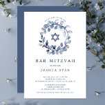 Blauer Leaf Bar Mitzvah Einladung<br><div class="desc">Schöne Bar Mitzvah Einladungen mit einem weichen blauen Blatt Kranz und Star of David Set auf einem weißen Hintergrund. Dreh unsere Einladung,  um einen koordinierenden Rücken für eine besondere Touch zu sehen. Besuchen Sie unseren Shop,  um unsere Bar Mitzvah Kollektion zu sehen.</div>