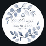 Blauer Leaf Bar Mitzvah Runder Aufkleber<br><div class="desc">Schönes handgemaltes Aquarelldesign mit einem zarten blauen Blattkranz und Star of David.</div>