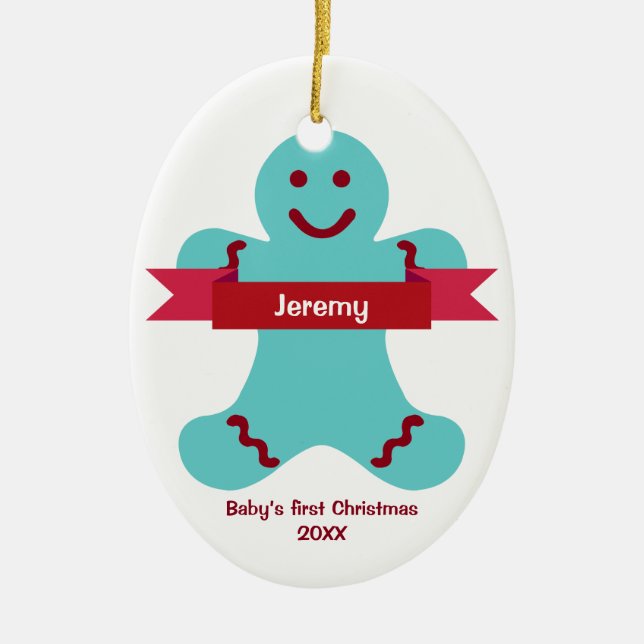 Blauer Lebkuchen Kind roter Banner Name Baby zuers Keramikornament (Vorne)