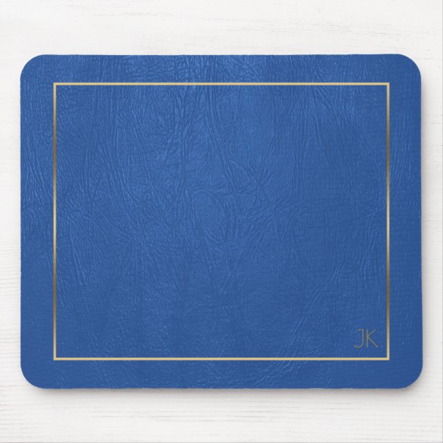Blauer Leder Textur Gold Rahmen Custom Monogram Mousepad (Vorne)