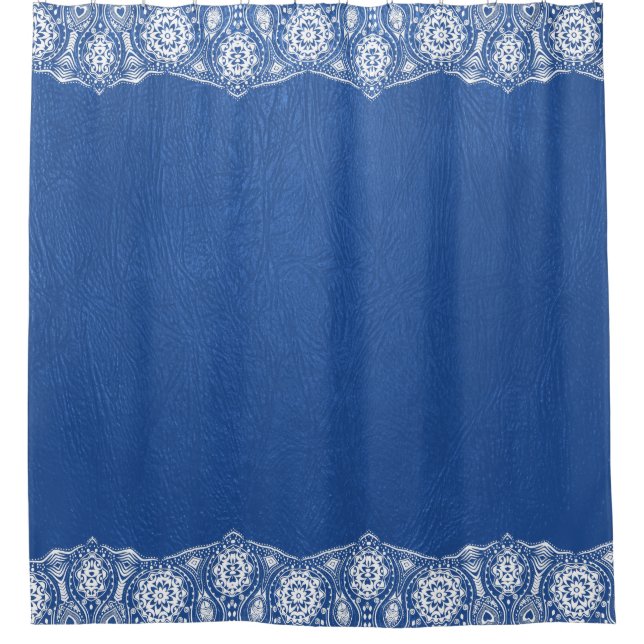 Blauer Leder Textur Weiße Spitzen Grenze Duschvorhang (Vorderseite)