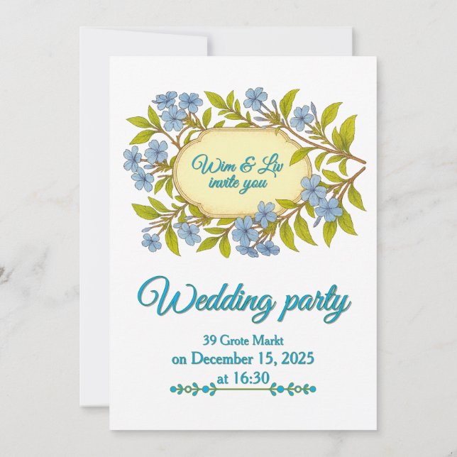 Blauer Leinen rustikale Hochzeit im Blumenstil Einladung (Rückseite)