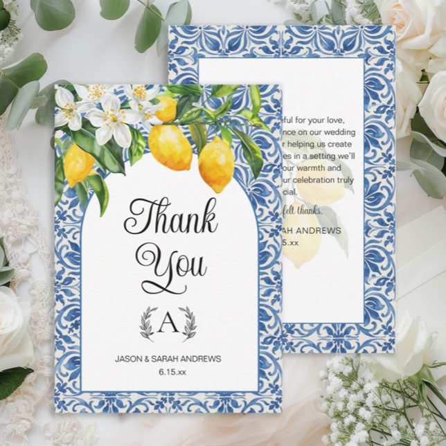 Blauer Lemons Hochzeit Dankeskarte (Mediterranean wedding thank you card with blue and white tiles and lemons)