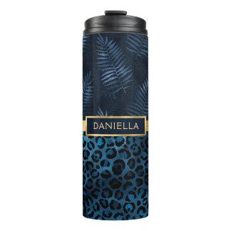 Blauer Leopard Print Shimmer Tropenflorname Thermosbecher