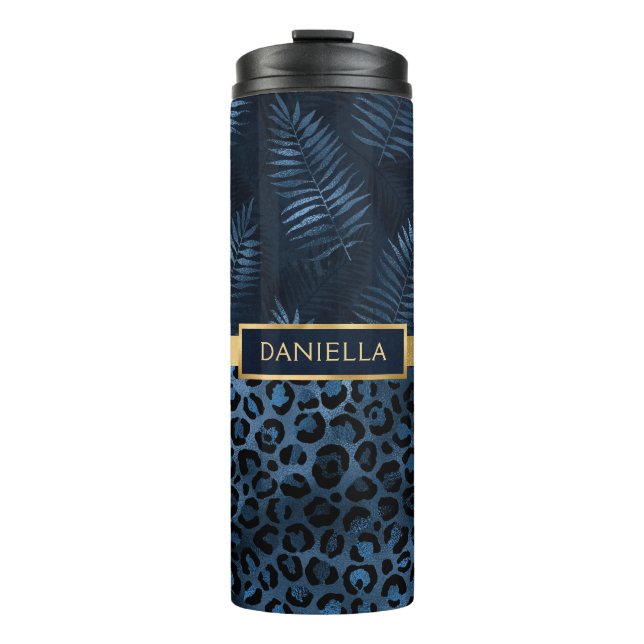 Blauer Leopard Print Shimmer Tropenflorname Thermosbecher (Vorderseite)