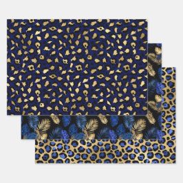 Blauer Leopardenprint mit goldenen tropischen Blät Geschenkpapier Set