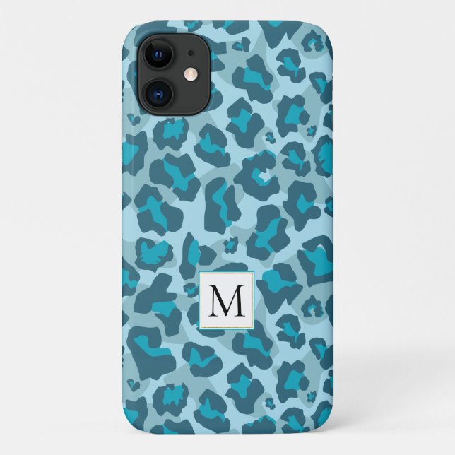 Blauer Leopardenprint und Monogramm Case-Mate iPhone Hülle (Rückseite)