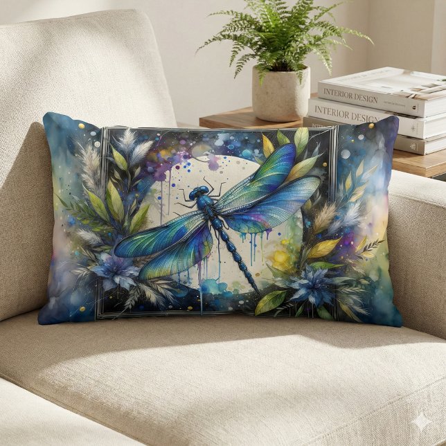 Blauer Libellen-Wasserfarben-Botanikdesign Lendenkissen (Blue Dragonfly Watercolor Botanical Lumbar Pillow Mockup A)