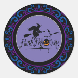 Blauer Lila Happy Halloween Hexe und Fledermäuse Runder Aufkleber