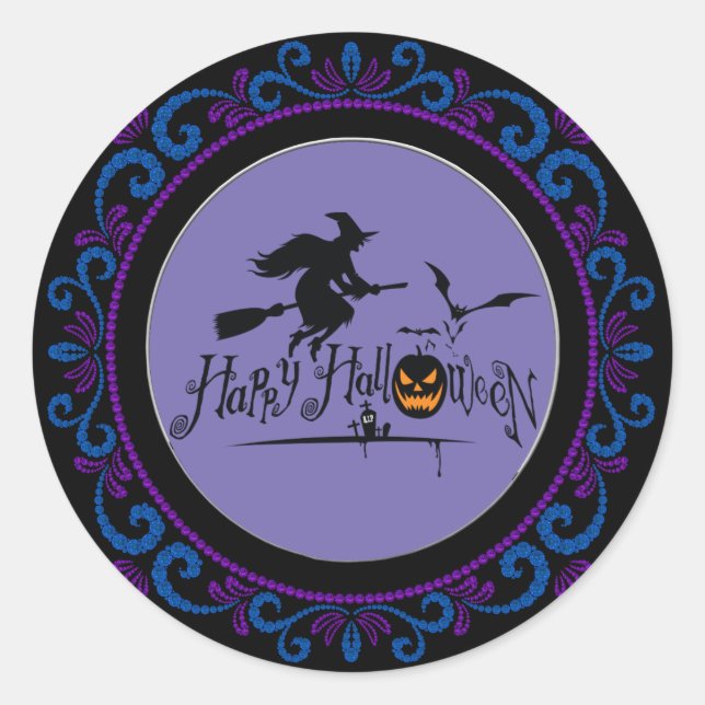 Blauer Lila Happy Halloween Hexe und Fledermäuse Runder Aufkleber (Vorderseite)