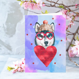 Blauer Lila Husky Valentinstag Geschenk Hund Karte