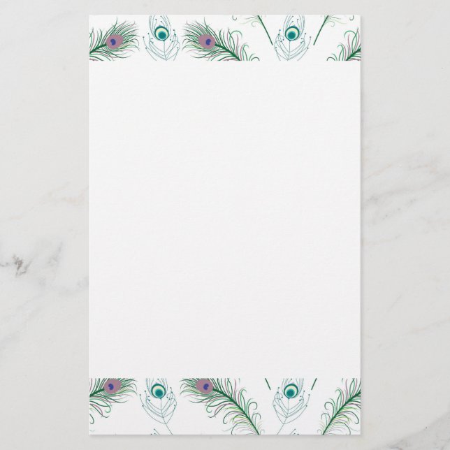 Blauer lila Pfau versieht Briefpapier mit Federn (Vorderseite)