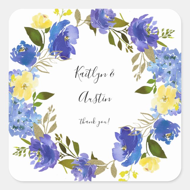 Blauer Lila und gelbe Blüten Quadratischer Aufkleber (Vorderseite)