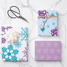 BLAUER LILA URLAUB SCHNEEFLAKEN BÄUME GESCHENKPAPIER SET
