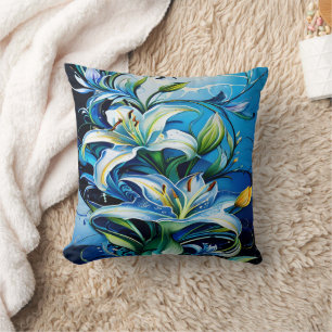 Blauer Lilienblumenstil mit wirbelnden Mustern Kissen
