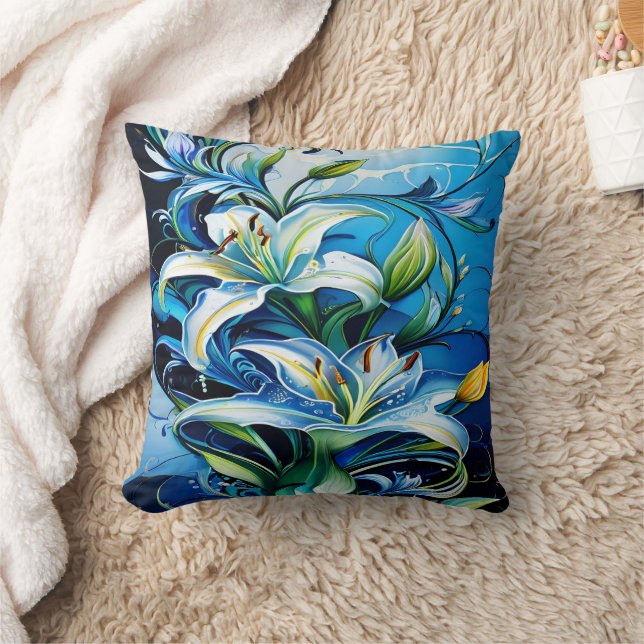 Blauer Lilienblumenstil mit wirbelnden Mustern Kissen (Decke)