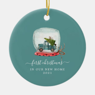 Blauer LKW Erster Weihnachten Neuer Heimat Keram Keramik Ornament