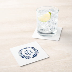 Blauer Lorbeerkranz mit individuellem Monogramm Rechteckiger Pappuntersetzer