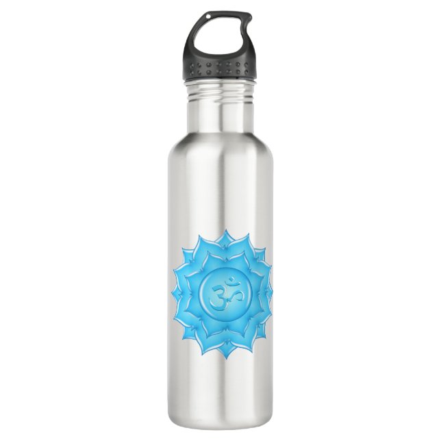Blauer Lotus Blume Om Symbol Zeichnend Edelstahlflasche (Vorderseite)