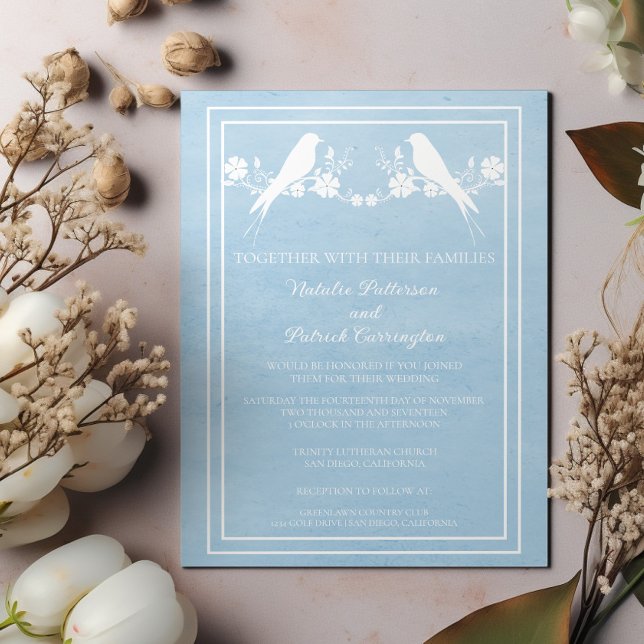 Blauer Lovebird Hochzeitsempfang Einladung (Blue Lovebird Floral Wedding Invitation)