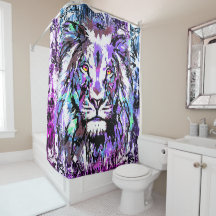 Blauer Löwenkopf Duschvorhang - Löwenwand