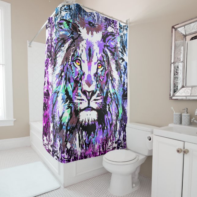 Blauer Löwenkopf Duschvorhang - Löwenwand (Beispiel)