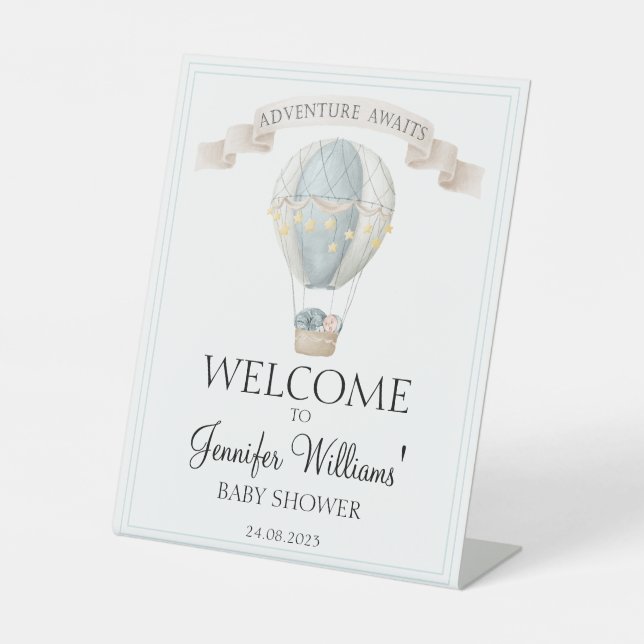 Blauer Luftballon Babydusche Begrüßungszeichen Sockelschild (Vorderseite)